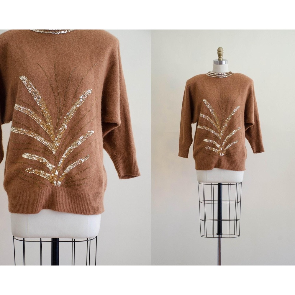 brown angora sweater 80s‎ vtg gold sequin wool sweater
